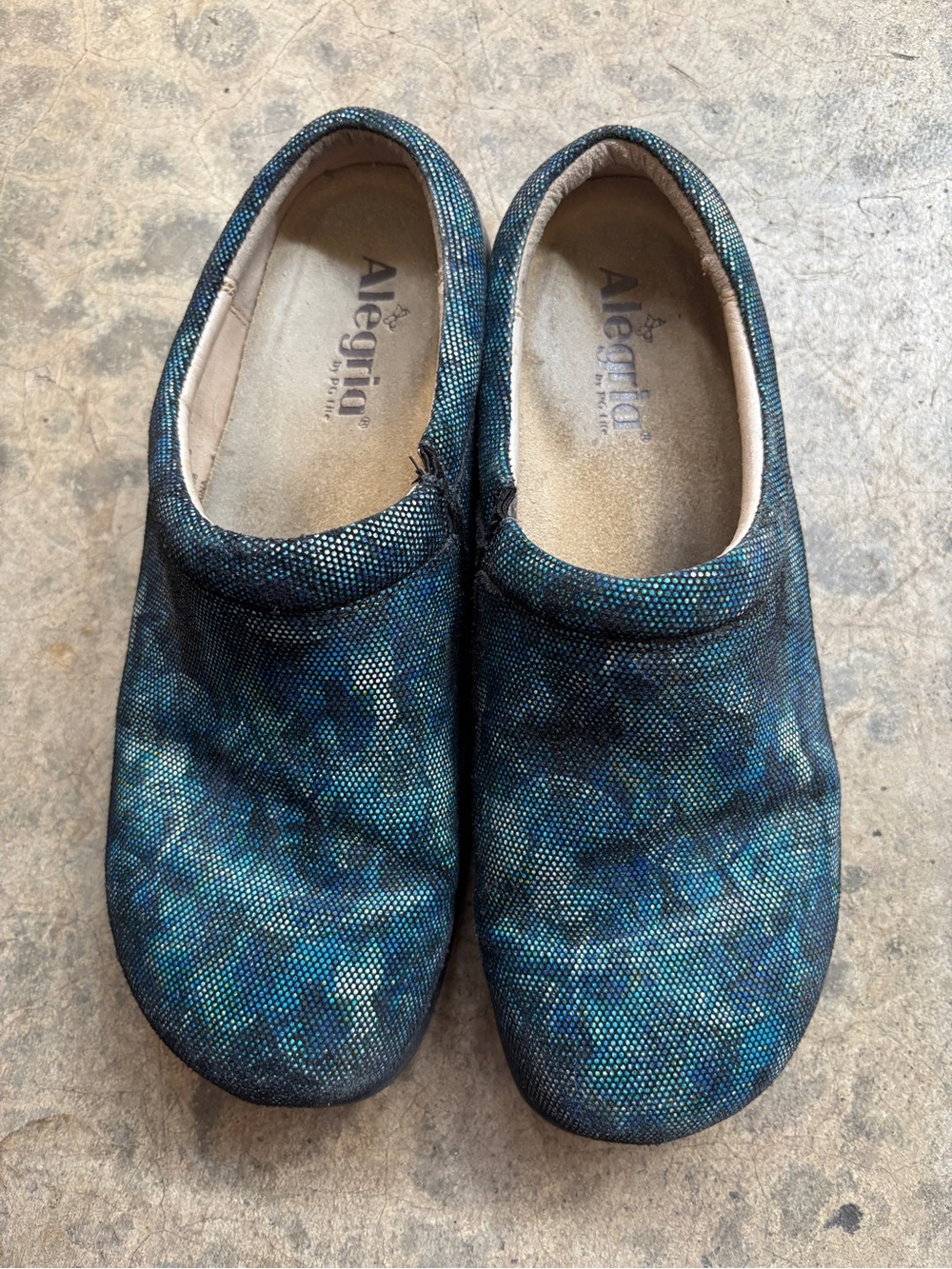 Alegria Teal and Navy Slip-On Clogs